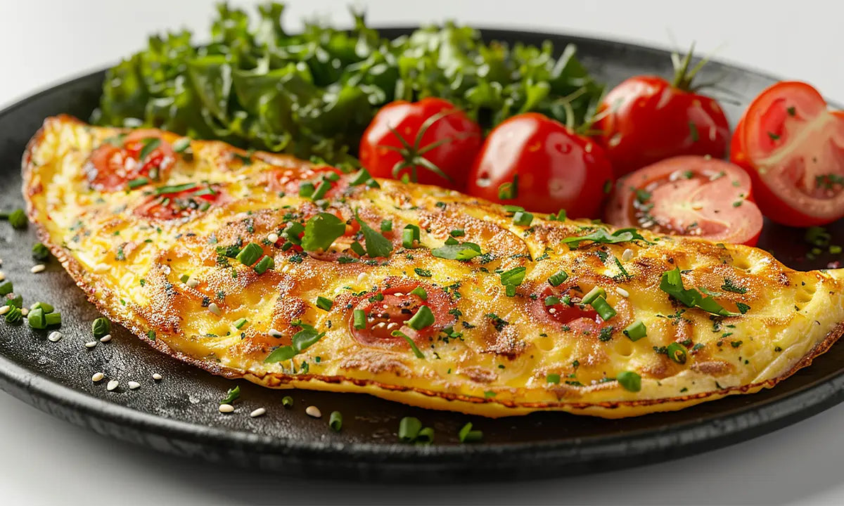 Omelete com tomate, ervas e salada verde no prato.
